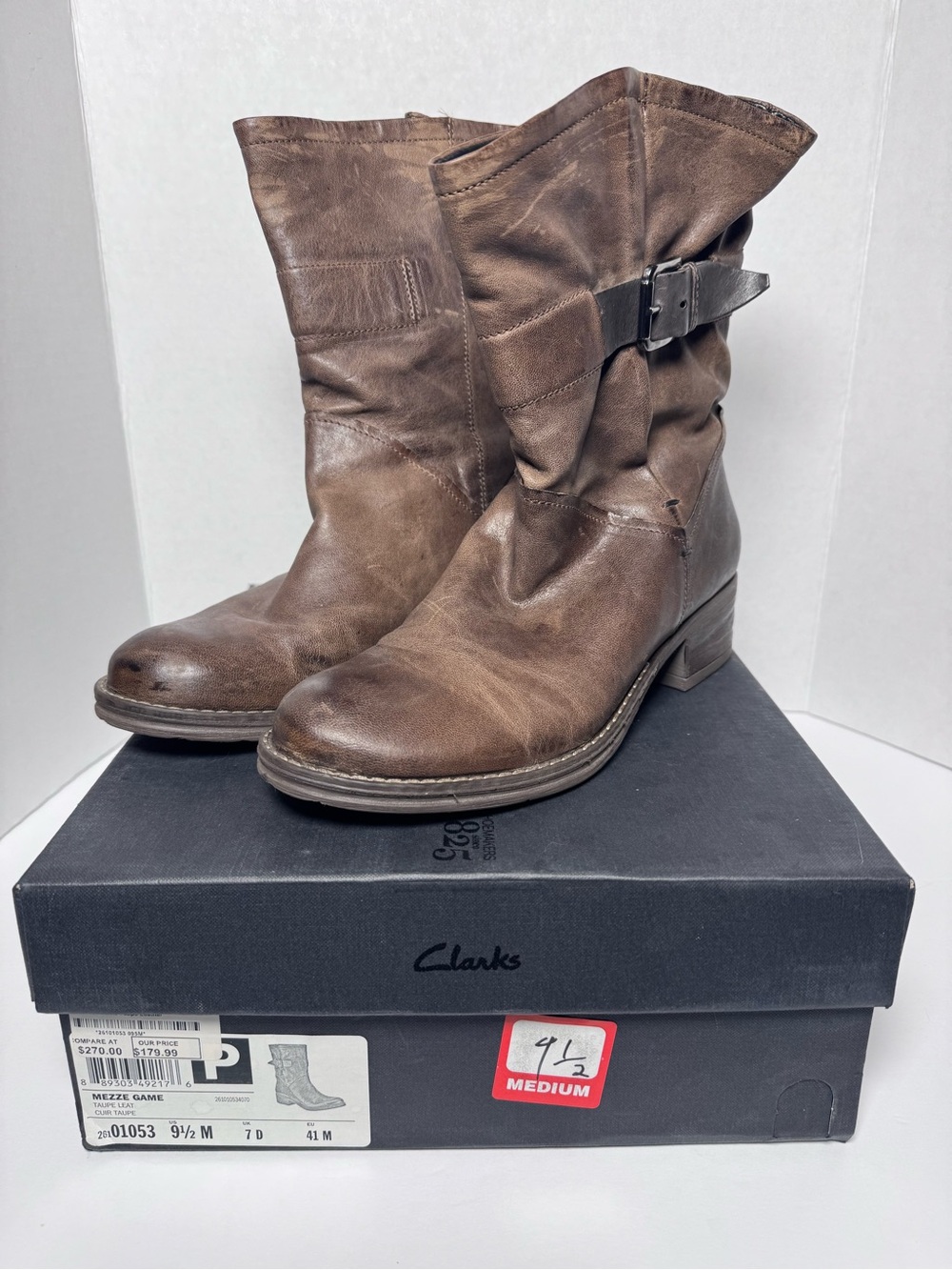 Clarks Brown Leather Mezze Slouchy Mid-Calf Boots with Buckle sz 9.5
